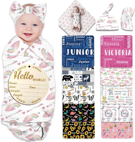 Miniatura 32 de Manta de bebé personalizada para niña y niño, manta de recepción con nombre personalizado con diadema de lazo y sombrero, regalos personalizados