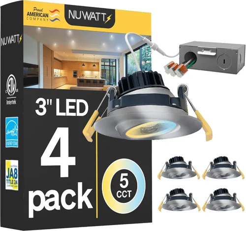 NUWATT Foco empotrable con cardán LED de 3 pulgadas, paquete de 4, luz LED todo en 1 sin lata con 5 interruptores de color CCT 2700K - 5000K, 8W,