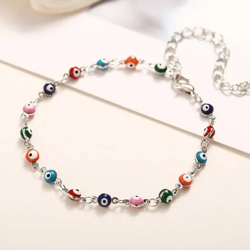 Miniatura 4 de Tobillera de ojo malvado de plata con cuentas de mal de ojo, joyería de pie de moda para la playa para mujer, Plata