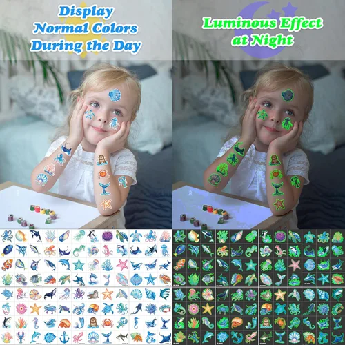 Miniatura 7 de 96 piezas de tatuajes temporales luminosos que brillan en la oscuridad, animales marinos del océano precortados para niños, suministros