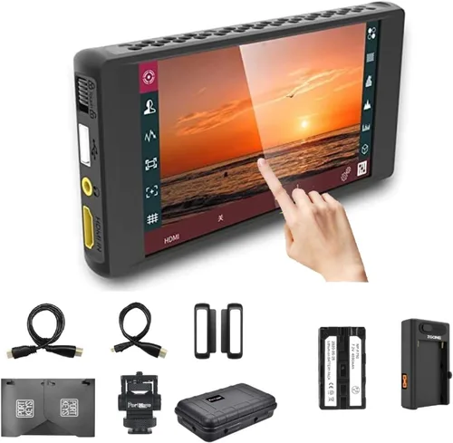 Portkeys PT6 + NP-F750 - Kit de cargador Zgcine, pantalla táctil DCI-P3 IPS de 5.2 pulgadas, monitor de campo DCI-P3 IPS DSLR en cámara, entrada