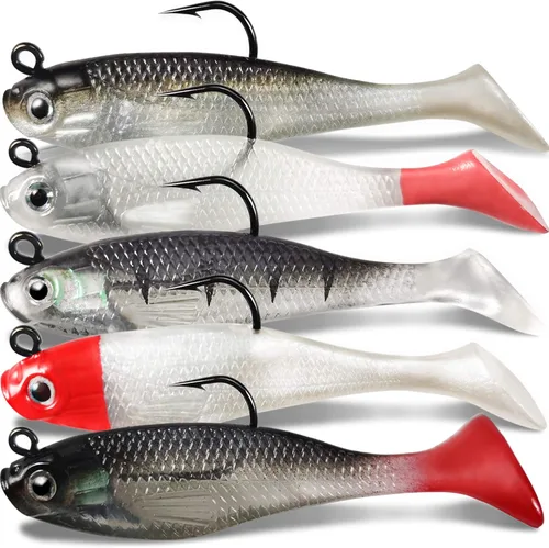 Miniatura 8 de Señuelos de pesca suaves, cebos de sábalo y pececillo, señuelos de cola de paleta con cabeza de plantilla premontada para lubina, trucha