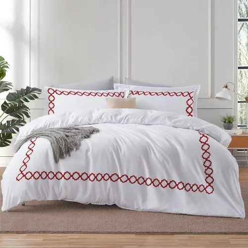 Miniatura 21 de BedDecor: Enchanted Oasis - Juego de funda de edredón de 3 piezas de 600 hilos de algodón egipcio con bordado de cuadrifolio, ultra suave