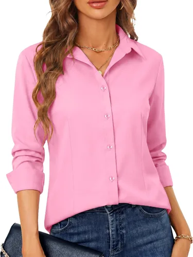 Miniatura 19 de BBIBBI Camisa de vestir elástica de manga larga con botones para mujer, blusa de trabajo casual de negocios (clásica, recortada y alta)