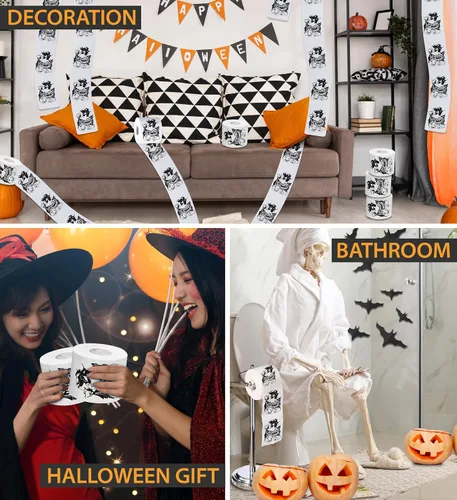 Miniatura 5 de Printed TP Papel higiénico impreso con texto en inglés "Happy Halloween", rollo de papel higiénico aterrador para sorpresa, broma, divertido regalo