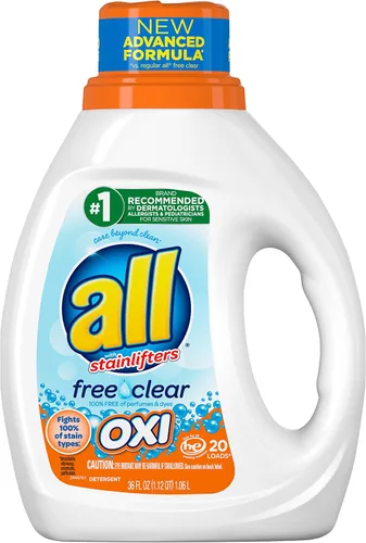 All all - Detergente líquido para ropa con quitamanchas y blanqueadores OXI, transparente libre, 36 onzas, 20 cargas, 36 onzas líquidas