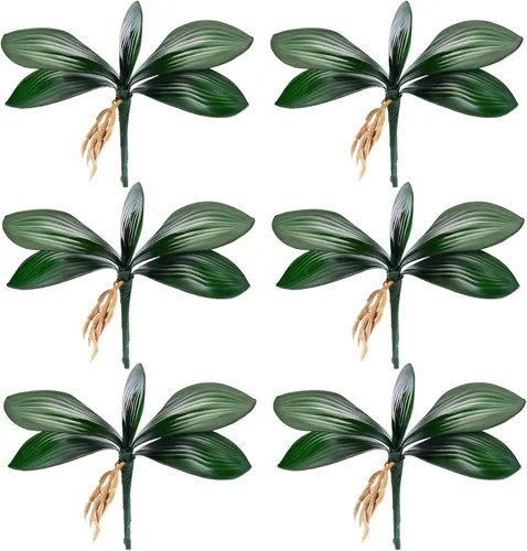 Chuangdi 6 Pcs 8 Inch Artificial Orchid Leaves, Faux Phalaenopsis Orchid Leaves with Stems,Green Orchids Leaf for Floral Arrangement, Vase Filler,