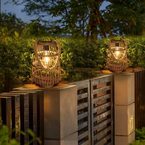 Miniatura 5 de Farol solar para exteriores, impermeables, grandes, de ratán, decorativas, brillantes, bohemias, con asa, rústica, colgante o lámpara de mesa