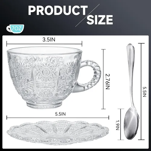 Miniatura 2 de Juego de 6 tazas de té y platillos de vidrio, tazas de café vintage con cuchara de acero inoxidable, tazas de té aptas para lavavajillas