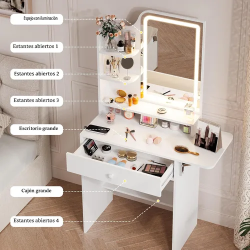 Miniatura 3 de Haewon Pequeño tocador con espejo y luces, tocador de maquillaje con estación de carga, juego de tocador compacto con silla de almacenamiento, cajón