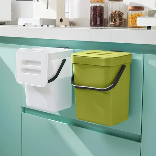 Miniatura 6 de Domiella Paquete de 2 botes de basura pequeños colgantes con tapa (1.3 + 0.8 galones), contenedor de compost de cocina para encimera o debajo