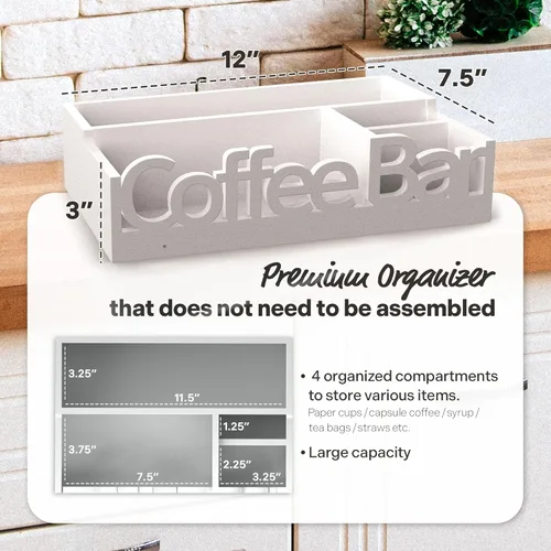 Miniatura 4 de Organizador de Barra de Café para Encimera – Caddy de Estación de Café de Madera con Compartimentos para Cápsulas, Condimentos, Té y Accesorios