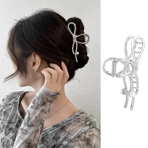 Miniatura 9 de Pinzas de metal negro con diseño de perlas blancas, elegantes horquillas francesas, pinzas de mandíbula negras para cabello grueso y fino, sin