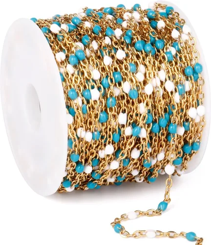 Miniatura 26 de Cadenas de esmalte dorado de 33 pies a granel, 2 mm, chapadas en oro de 18 quilates con PVD, acero inoxidable 304, cadena de eslabones con cuentas