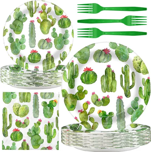 Decoraciones de fiesta de cactus – Platos de fiesta de cactus y servilletas para fiestas de cumpleaños infantiles, sirve para 20 invitados