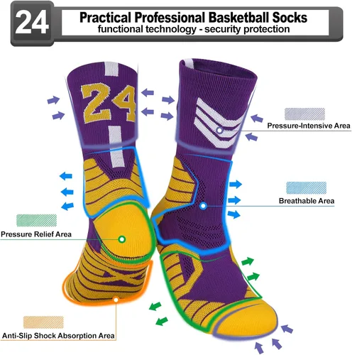 Miniatura 32 de 2 pares de calcetines de baloncesto para hombres y niños, equipo de baloncesto con número de la suerte, calcetines de estrella para niños y adultos