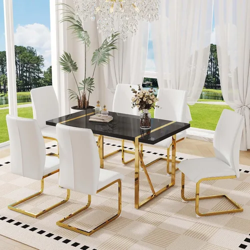 Miniatura 17 de Juego de mesa de comedor negra para 4, parte superior negra brillante de 55 pulgadas con patas de metal dorado, juego de mesa de comedor moderno