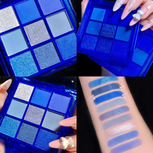 Miniatura 2 de Paleta de sombra de ojos azul, 9 colores, Mardi Gras Carnival prensado pigmento con purpurina, paleta de sombra de ojos impermeable, paleta