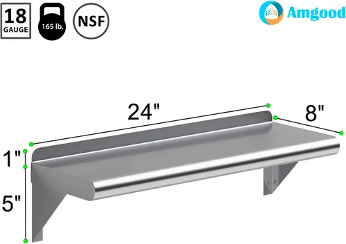 Miniatura 3 de AmGood Estante de pared de acero inoxidable de 24 pulgadas de largo x 8 pulgadas de profundidad Certificado NSF Estantería de metal