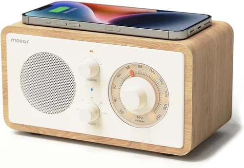 Miniatura 9 de mooas Radio de carga inalámbrica con esfera clásica, altavoz Bluetooth retro (negro), cargador inalámbrico máximo de 10 W, radio FM, modo SD/Aux