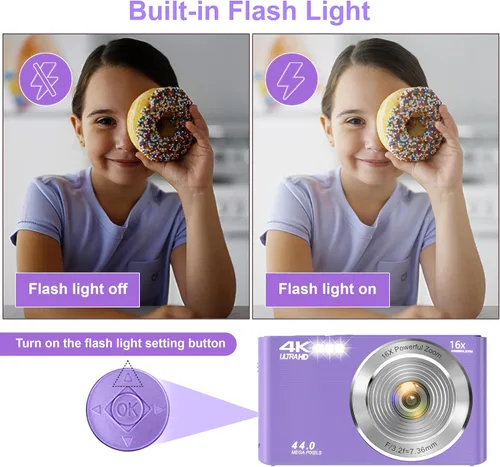 Miniatura 7 de Cámara digital para adolescentes, cámara digital FHD 4K 44MP color púrpura con tarjeta SD de 64GB, zoom digital 16X, cámaras para fotografía, cámara
