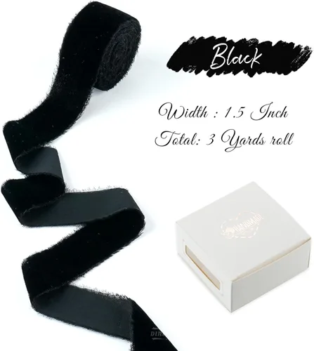 Miniatura 2 de Cinta de terciopelo negro de 1.5 pulgadas, cinta de terciopelo de seda deshilachada negra, terciopelo rústico de Navidad para regalo, borde crudo