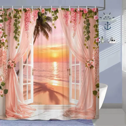 Miniatura 5 de Farmhous - Cortina de ducha con diseño de playa y océano, diseño de paisaje marino con salida del sol, paisaje marino, náutico, playero, para baño