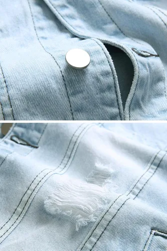 Miniatura 4 de LAMKUKU Chaqueta de mezclilla para hombre rasgada ajustada, abrigo de chaqueta vaquera para hombres
