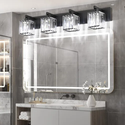 Miniatura 3 de Aipsun Accesorios de Luz Negros para Tocador de Baño Lámpara de Tocador Moderna de Cristal para Baño 4 Luces (Excluye Bombilla)