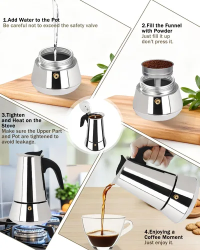 Miniatura 8 de Express Stovetop Coffee Maker 2 Cup 100ml 3.5oz-(Stainless Steel) Italian Espresso Maker Food-Grade Home Kitchen & Camping All Stovetops
