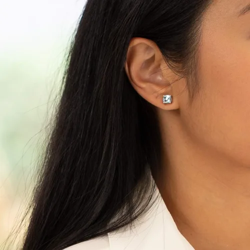Miniatura 5 de Peora Aretes de tuerca de oro blanco macizo de 14 quilates para mujer, piedra natal de piedras preciosas auténticas, hipoalergénicos, corte de cojín