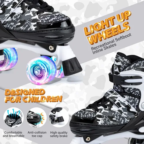 Miniatura 2 de Kuxuan Skates Patines ajustables de camuflaje para niños y niñas con ruedas iluminadas, divertidos patines iluminadores para niños, niñas y jóvenes