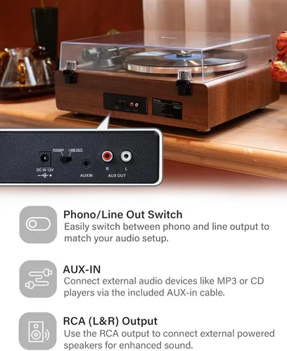 Miniatura 4 de Annesburg Reproductor de Discos de Vinilo, Tocadiscos Bluetooth con Altavoces Incorporados para Discos de Vinilo, Alta Fidelidad con Transmisión por