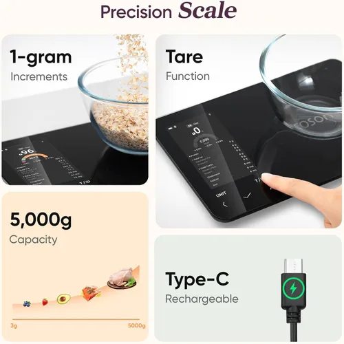 Miniatura 8 de Báscula inteligente de cocina para alimentos Cosori con calculadora nutricional, aplicación gratuita para escaneo de IA, seguimiento de calorías