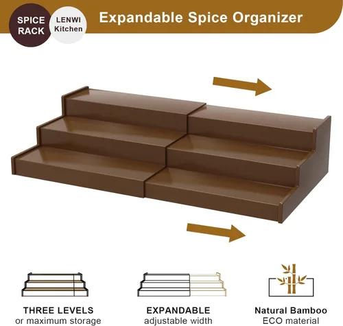 Miniatura 4 de Lenwi Organizador de estante de especias para gabinete, de 3 niveles expandibles de bambú, ideal para gabinete de cocina, armario, despensa y más