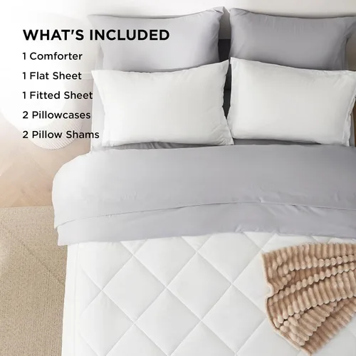 Miniatura 6 de Bedsure Juego de ropa de cama con edredón tamaño King - Juego de 7 piezas reversible blanco y gris, juego de cama King para todas las estaciones, 15