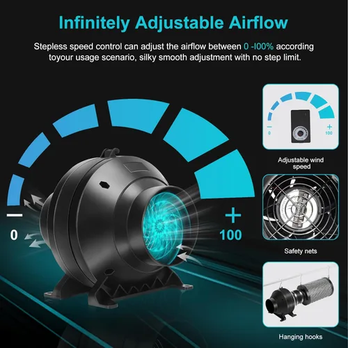 Miniatura 2 de Kit de filtración de aire, ventilador de conducto en línea de 4 pulgadas y 190 CFM con controlador de velocidad, filtro de alto carbono de 12