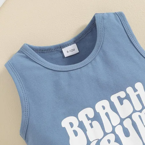 Miniatura 22 de Ropa de bebé niño sin mangas + pantalones cortos con estampado a rayas con bolsillos, 2 piezas de trajes de verano