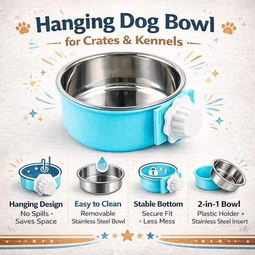 Miniatura 2 de HERCOCCI 2 cuencos colgantes extraíbles de acero inoxidable para alimentos y agua para cachorros, perros pequeños, gatos, conejos y hurones