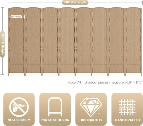 Miniatura 3 de Divisor de habitación de 8 paneles, pantalla de privacidad plegable de 6 pies, divisor de pared de panel plegable extra ancho con divisor de pared
