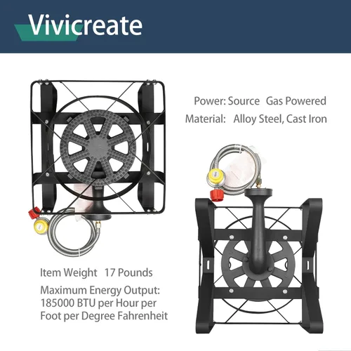Miniatura 4 de Vivicreate Estufa de Gas Propano, 185000 BTU de Alta Presión para Acampar al Aire Libre con Regulador, Quemador de Hierro Fundido, Regulador