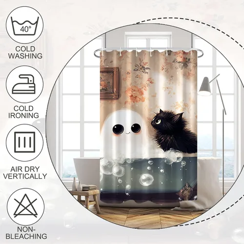 Miniatura 4 de Cortina de ducha de fantasma y gato negro para niños, 36 x 72 pulgadas, espeluznante y bonita, cortina de baño de Halloween con 6 ganchos, cortina