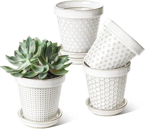 Miniatura 10 de LE TAUCI Macetas de cerámica para suculentas, maceta pequeña de 4 pulgadas para planta de interior cactus, macetas con flores en relieve