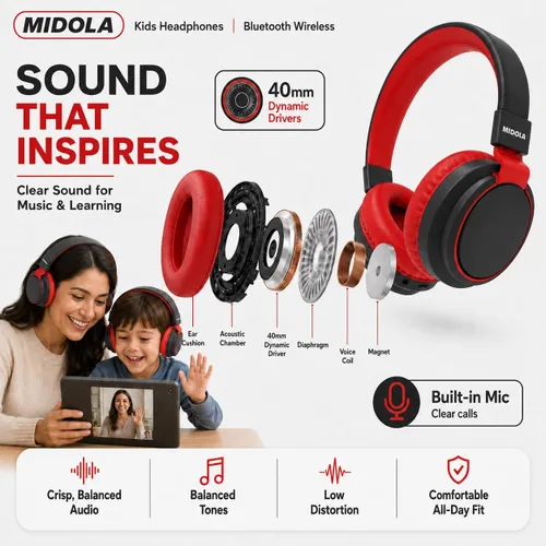 Miniatura 7 de MIDOLA Auriculares para niños Bluetooth 5.3 inalámbrico 60H tiempo de reproducción Volumen limitado 85/110dB sobre la oreja Auriculares de Negro