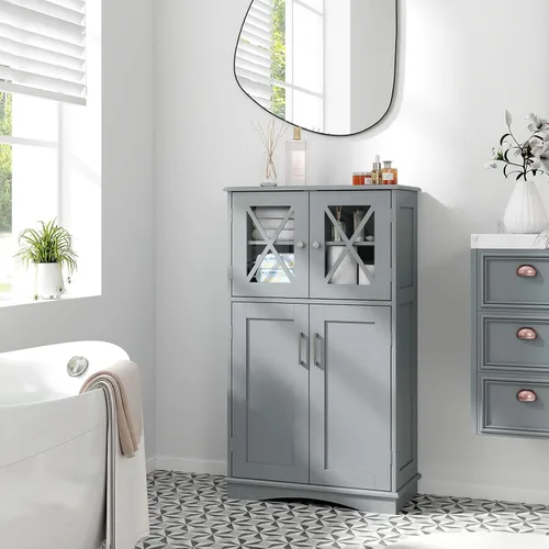 Miniatura 9 de Giantex Armario de almacenamiento de piso de baño, gabinete de piso de lino con puertas y estantes ajustables, organizador de almacenamiento lateral