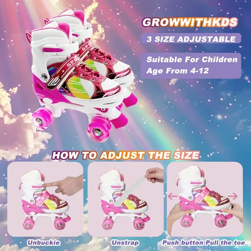 Miniatura 6 de Adjustable Kids Roller Skates for Girls and Boys Ages 3-5 5-8 8-12, All 8 Wheels of Girl's Skates Shine, Safe and Fun Illuminating for Outdoor Rosa