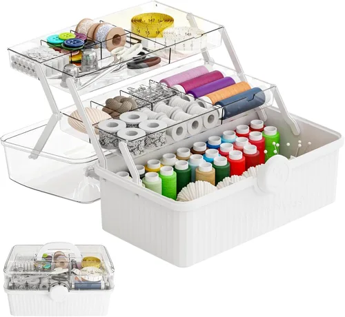 Miniatura 11 de Caja de plástico de 3 capas para manualidades y caja de herramientas para manualidades, caja de almacenamiento de plástico multiusos con asa
