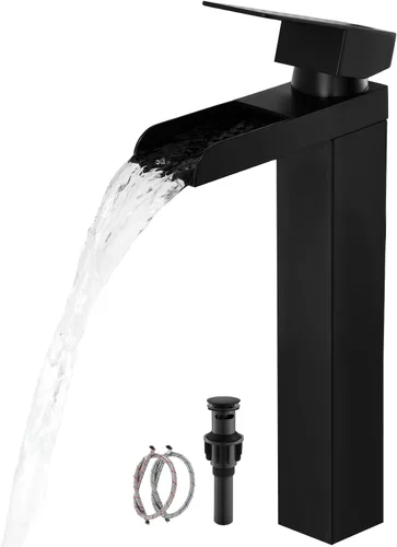 Grifo de baño de cascada alto negro, grifo de fregadero Hanlde con boquilla de cascada, grifos de baño para 1 agujero, grifo mezclador de tocador de