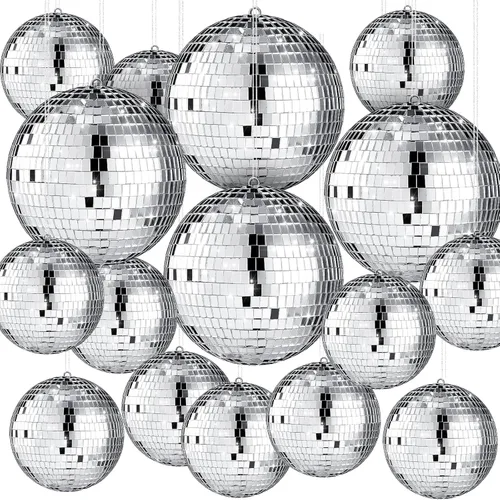 Libima Paquete de 12 Bolas de Discoteca Grandes de Navidad Decoración de Diferentes Tamaños Espejo Plateado Colgantes Adornos de Bola de Discoteca