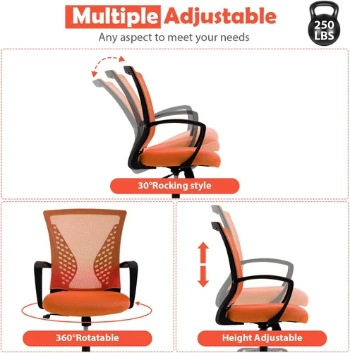 Miniatura 6 de Silla de oficina ergonómica con soporte lumbar, silla de computadora de malla ajustable para oficina en casa, silla giratoria de respaldo medio